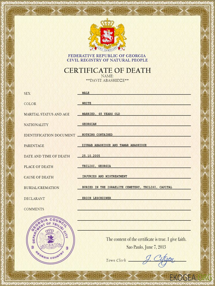 Modèle PSD de certificat de décès de l'état civil de Géorgie